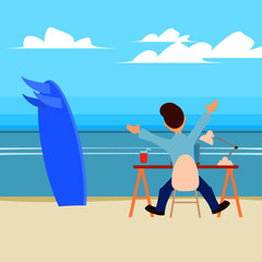 Man sitting at his desk working on the beach. Travel concept and work together. Flat design vector illustration
