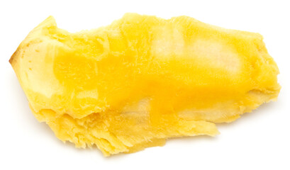 Peeled mango on a white background.