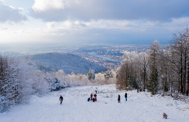 Winter view on German city Heidelberg with snow forest, downhill and people walking.