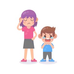 Sad crying little kid boy with mom