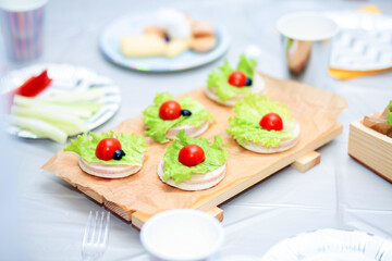 Children canapes for baby food. Table decoration. Baby food, baby sandwiches.