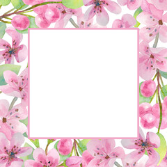 Obraz premium Cherry flowers, leaves and buds. Square frame with empty place for text. Wedding invitation, party, mom's day card, birthday, womens day. Watercolor, freehand.