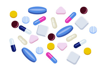 Coloful background of pills and vitamins. Variety of medication supplements. Isolated on a white backgroup.