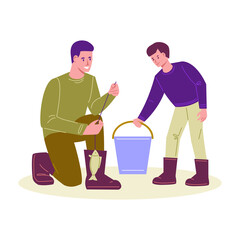 Father and son are fishing. Put the catch of fish in a bucket. Vector illustration in flat cartoon style. Isolated on a white background.