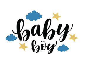Baby boy hand lettering. Baby shower posters, invitations. Cards with cute calligraphy isolated on white background, vector illustration.