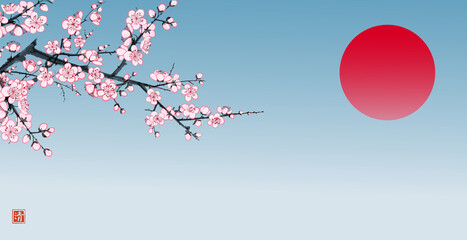 Blossoming branch of oriental cherry and big red sun. Traditional oriental ink painting sumi-e, u-sin, go-hua. Sakura plum blossom. Hieroglyph - clarity