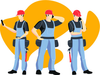 Construction. Builders, group illustration. Vector illustration. Industrial theme. Episode from the life of workers. Carpenters.