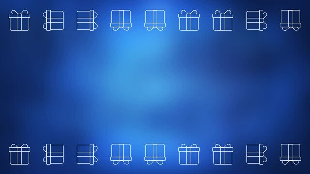 Christmas flat seamless loop background with moving Christmas trees, Christmas gifts, Christmas ball and mittens. Dark blue. Form animation. 4K UHD video