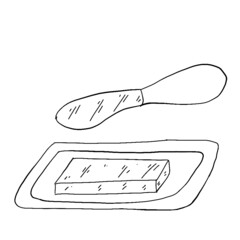 spice jar, cup of tea, sugar storage container, sugar bowl, vinegar container, pepper and salt container, kettle, spice mortar, paper towel stand with paper towels, butter and butter knife, glass sala