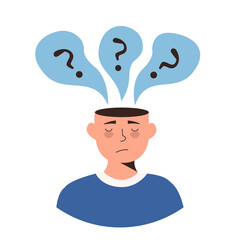 Fototapeta na wymiar Sad man with nervous problem feel depressed with question mark in bubble above head vector illustration. Mental disorder, chaos in consciousness. Boy thinking about problem, answering inner questions.