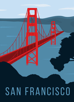 Golden Gate bridge retro poster. Red color bridge across the blue ocean. Retro style vintage card or sticker. Popular sightseeing in San Francisco, California. Flat vector illustration.
