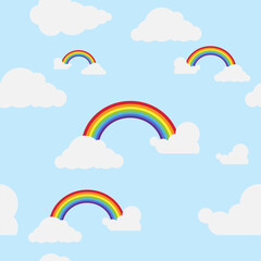 Background image with clouds and rainbow. Wallpaper for the nursery with clouds and a rainbow. Vector illustration.