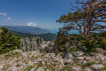 Walking in the mountains.The top of Mount Ai-Petri. Top view of the sea.