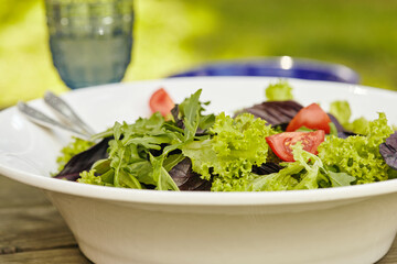 Fresh salad mix of arugula leaves, basil, lambs lettuce and tomatoes. Closeup view.