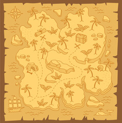 Treasure Island map. Pirates Isle adventure. Sea ship. Board game chest. Hand drawn vector line. Open paths. Editable outline.