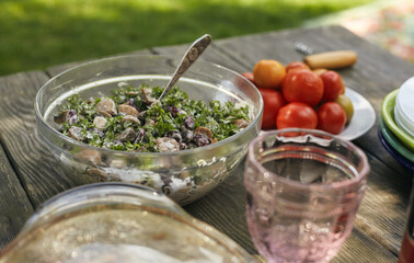 Salad of parsley, beans, mushrooms seasoned with mayonnaise