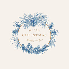 New year abstract card with round frame. Blue and white.