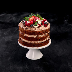 Obraz na płótnie Canvas Delicious homemade chocolate cake with fresh berries and mascarpone cream on dark background.