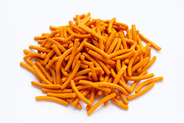 Salt breadsticks on white background.