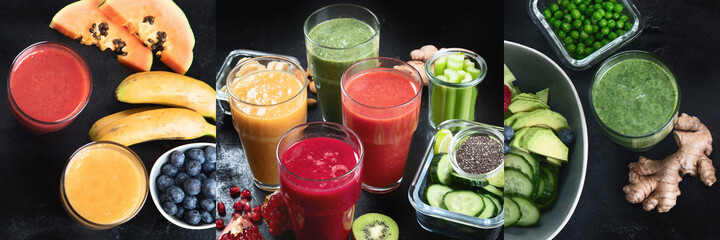 Collage of different types of smoothies on black background.