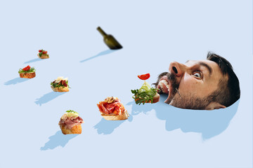Tapas and wine bottle are descending with the river like ships straight to big male mouth just like...
