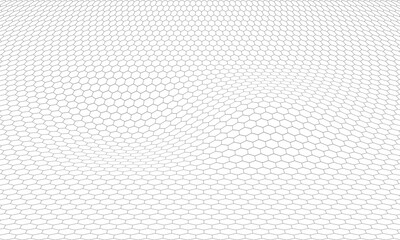 Hexagon distorted perspective grid. Abstract hexagonal background.