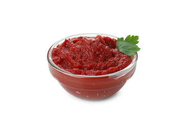 Bowl of tomato paste isolated on white background