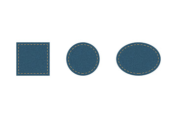 Set of blue denim patches square circle oval. Different shapes with place for your text isolated on white background
