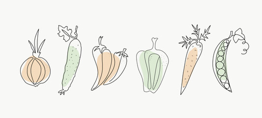Line art vegetables. One line drawings. Vector graphics. Isolated background. - obrazy, fototapety, plakaty