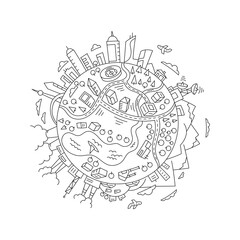 Round sketch world planet Earth. The city, the mountains the factories and buildings. Hand drawn vector line. Open paths. Editable stroke thickness.