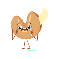 Chinese fortune cookies characters with crying and tears emotions, face, arms and legs. The funny or sad hero, Festive sweets