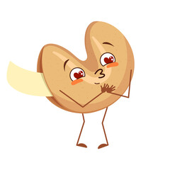 Cute chinese fortune cookies character falls in love with eyes hearts, arms and legs. The funny or smile hero, festive sweets