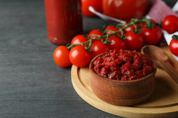 Bowl with tomato paste on dark wooden table with ingredients