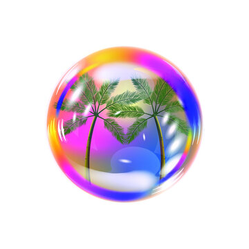 Volumetric image of a soap bubble. Palm trees symbol of relaxation. The sign is shiny and iridescent. Vector graphics for decoration.