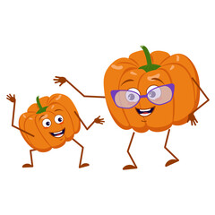 Cute pumpkin characters funny grandmother and grandson, arms and legs. The funny or happy hero, orange autumn vegetable. Halloween decorations.