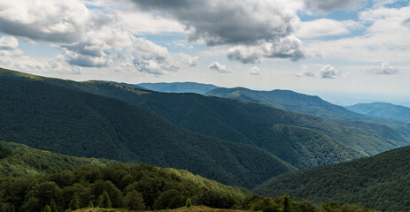 Wild Carpathian mountains in Romania covered by deep forest with few meadows
