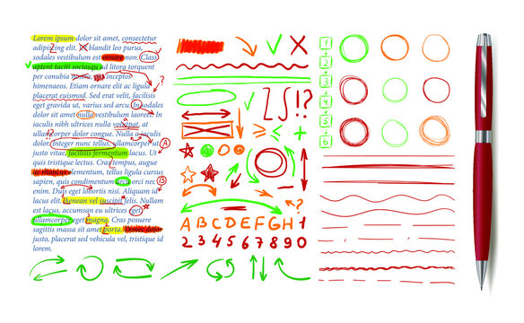 Vector Text Correction Design Elements Set, Text Sample, Realistic Red Pen and Sketched Colorful Marks.

