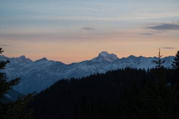 beautiful morning light on the mountains woth view of the alps
