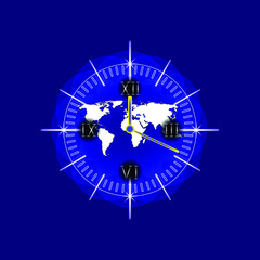Clock icon. World map design. Decor for the application and website. Time symbol. Blue background. Vector graphics for business.