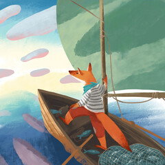 Digital illustration about the fox in clothes standing on the boat with nets full of fish. the fox sailor sailing on the sea.