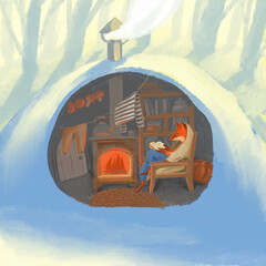 Raster illustration about the fox sitting on the armchair and reading the book near the fireplace in burrow.