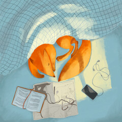 Digital illustration about the fox slipping on the bad with book, map, phone and headphones. Top view.