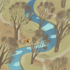 Digital illustration about the fox in clothes with backpack walking in the forest near the river. Top view