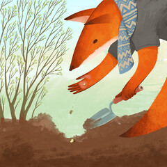 Digital illustration about the fox in clothes with scarf sowing the seed in the ground. Close-up view