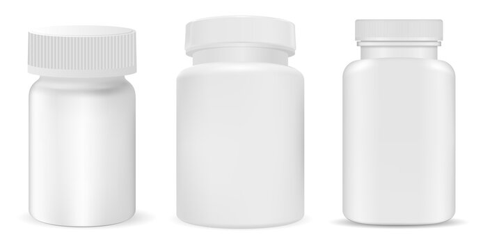 White plastic pill bottle mockup, supplement jar, vitamin package isolated on white background. Pharmaceutical remedy container, medicament capsule bottle temlate, 3d illustration