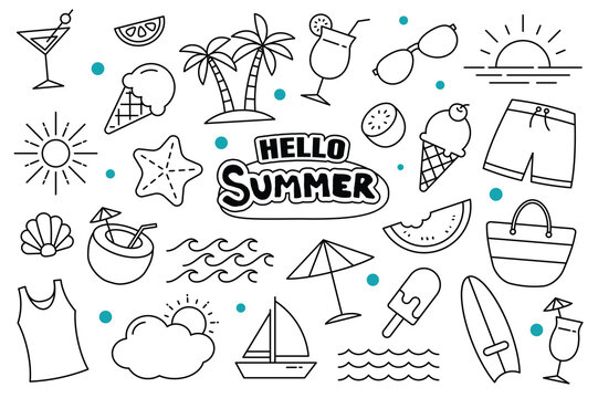Hello summer doodle on white background. Summer hand drawn symbols and objects.