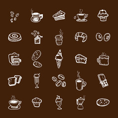 Cafeteria coffee mocha cream bakery white line icon set on chocolate background