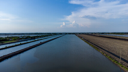 Photo of saline from drone bird eye view. Salt field at Samut sakhon , Thailand