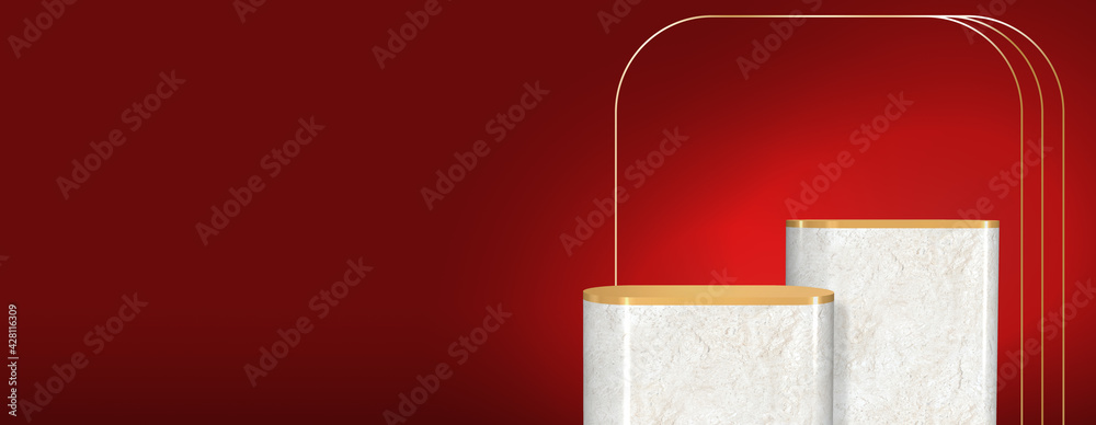 Poster two cylinder marble product display stand podium with gold metal on top and golden bar on red wall b