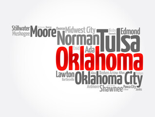 List of cities in Oklahoma USA state, map silhouette word cloud map concept